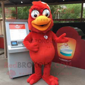 Red Butter Chicken mascot costume character dressed with a Henley Shirt and Wallets