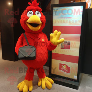 Red Butter Chicken mascot costume character dressed with a Henley Shirt and Wallets