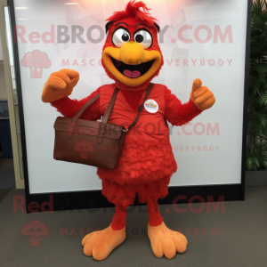 Red Butter Chicken mascot costume character dressed with a Henley Shirt and Wallets