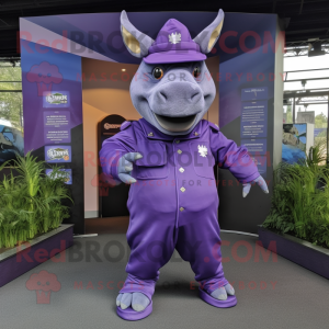 Purple Rhinoceros mascot costume character dressed with a Jumpsuit and Berets