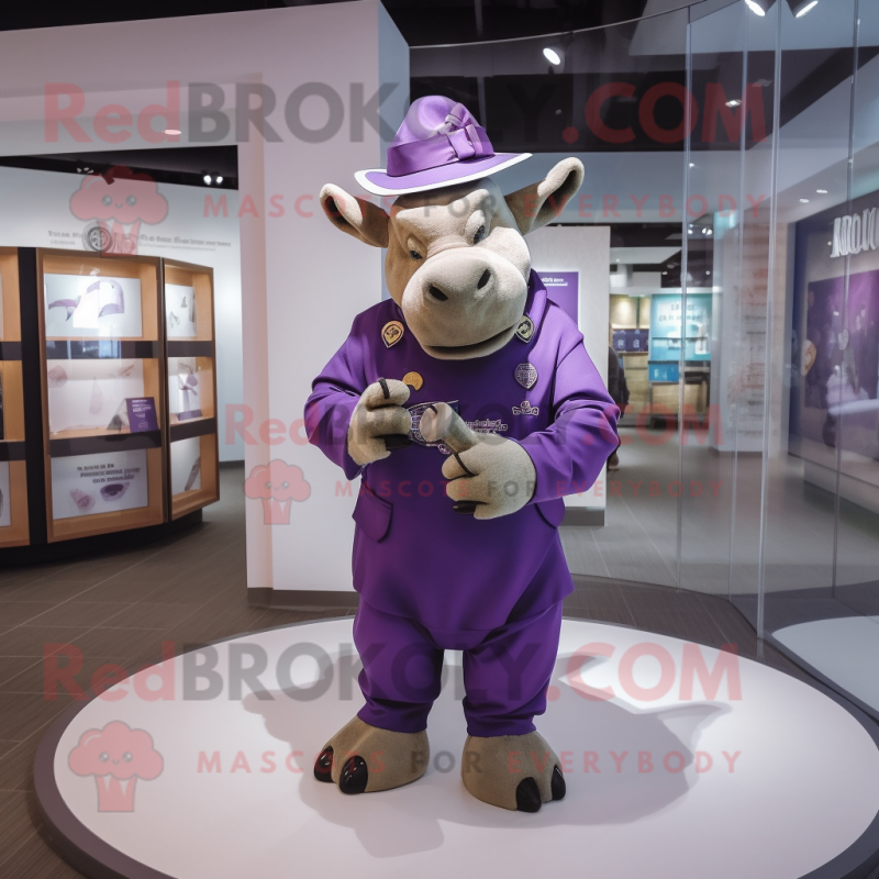 Purple Rhinoceros mascot costume character dressed with a Jumpsuit and Berets Purple Rhinoceros mascot costume character dressed with a Jumpsuit and Berets