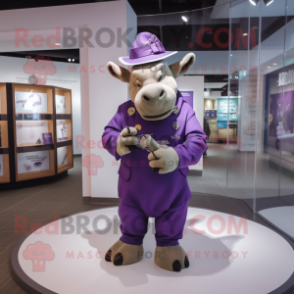 Purple Rhinoceros mascot costume character dressed with a Jumpsuit and Berets