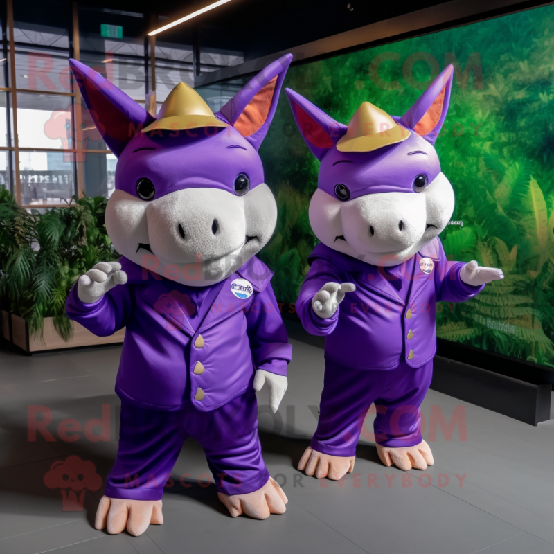 Purple Rhinoceros mascot costume character dressed with a Jumpsuit and Berets