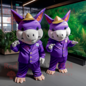 Purple Rhinoceros mascot costume character dressed with a Jumpsuit and Berets