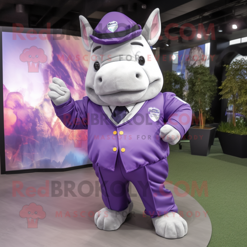 Purple Rhinoceros mascot costume character dressed with a Jumpsuit and Berets Purple Rhinoceros mascot costume character dressed with a Jumpsuit and Berets