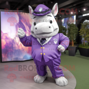 Purple Rhinoceros mascot costume character dressed with a Jumpsuit and Berets