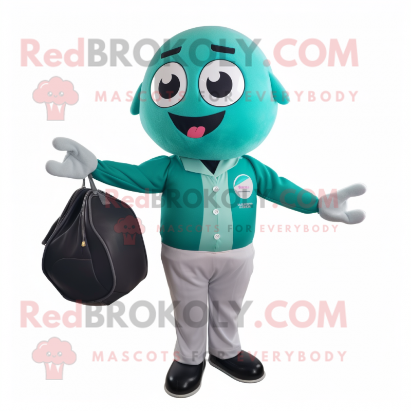 Teal Petanque Ball mascot costume character dressed with a Blouse and Briefcases Teal Petanque Ball mascot costume character dressed with a Blouse and Briefcases