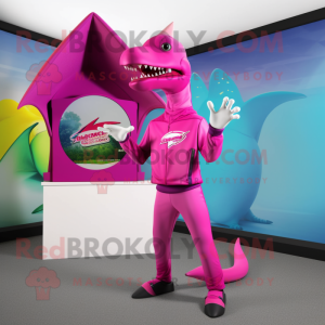 Magenta Pterodactyl mascot costume character dressed with a Rash Guard and Beanies