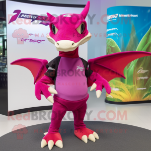 Magenta Pterodactyl mascot costume character dressed with a Rash Guard and Beanies