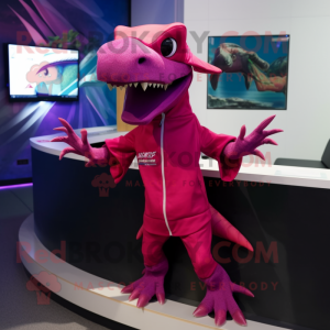Magenta Pterodactyl mascot costume character dressed with a Rash Guard and Beanies