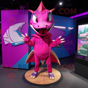 Magenta Pterodactyl mascot costume character dressed with a Rash Guard and Beanies