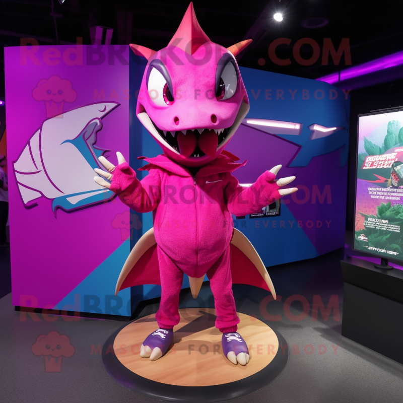 Magenta Pterodactyl mascot costume character dressed with a Rash Guard and Beanies Magenta Pterodactyl mascot costume character dressed with a Rash Guard and Beanies