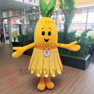 Lemon Yellow Carrot mascot costume character dressed with a Circle Skirt and Hair clips