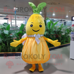 Lemon Yellow Carrot mascot costume character dressed with a Circle Skirt and Hair clips