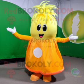 Lemon Yellow Carrot mascot costume character dressed with a Circle Skirt and Hair clips