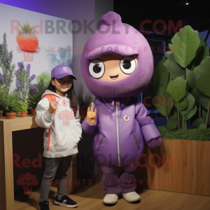 Lavender Grape mascot costume character dressed with a Leather Jacket and Beanies