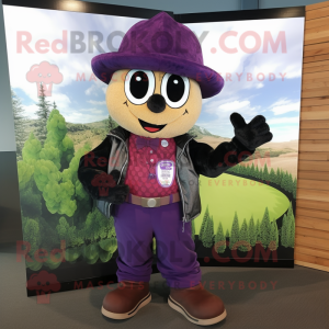 Lavender Grape mascot costume character dressed with a Leather Jacket and Beanies