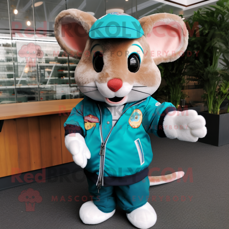 Teal Dormouse mascot costume character dressed with a Bomber Jacket and Cufflinks