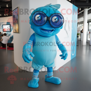 Cyan Cyclops mascot costume character dressed with a T-Shirt and Pocket squares