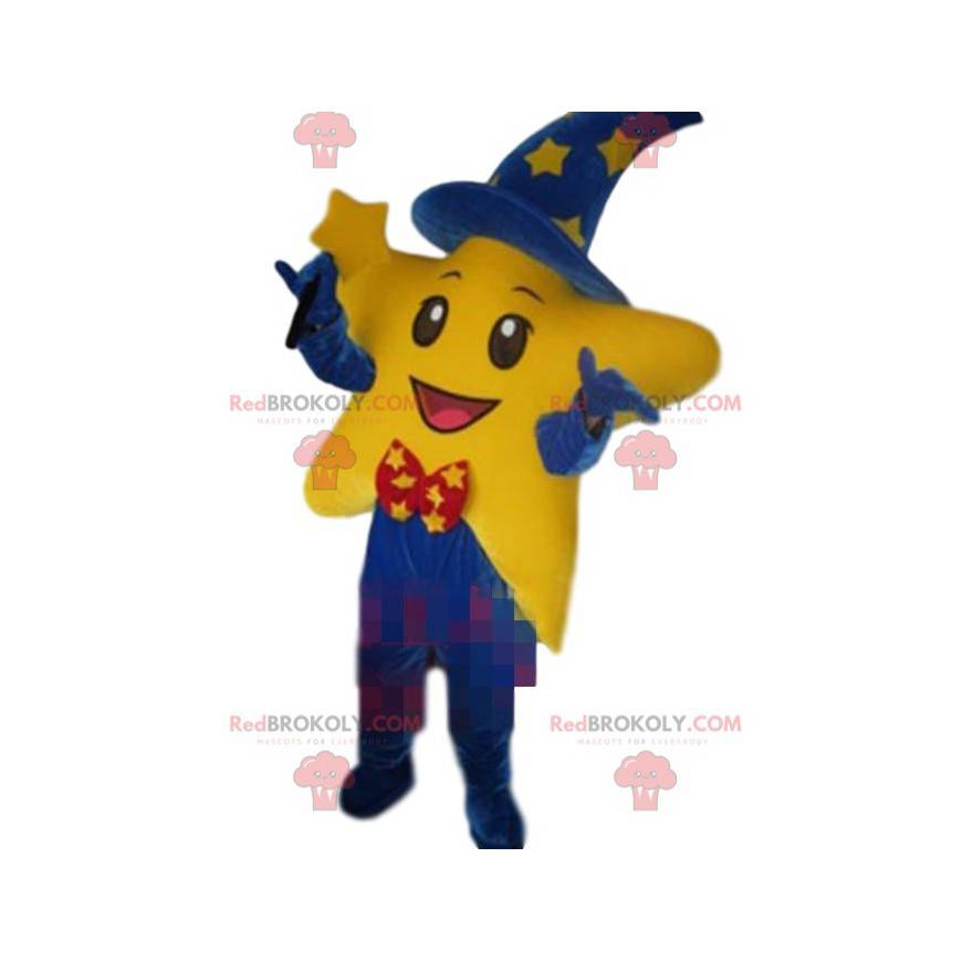 Mascota estrella gigante vestida como un mago, disfraz de mago