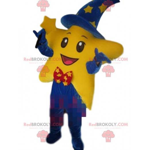 Mascote estrela gigante vestida de mágico, fantasia de mágico -