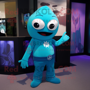 Cyan Cyclops mascot costume character dressed with a T-Shirt and Pocket squares