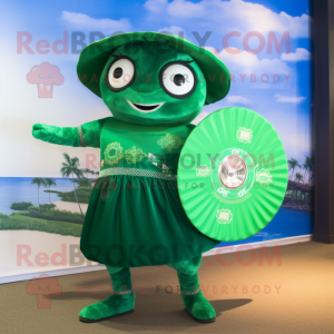 Forest Green Plate Spinner mascot costume character dressed with a Bikini and Coin purses