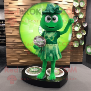 Forest Green Plate Spinner mascot costume character dressed with a Bikini and Coin purses