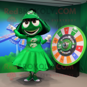 Forest Green Plate Spinner mascot costume character dressed with a Bikini and Coin purses
