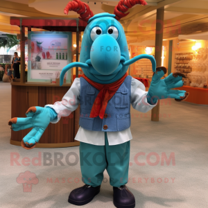 Turquoise Lobster mascot costume character dressed with a Chambray Shirt and Shawls