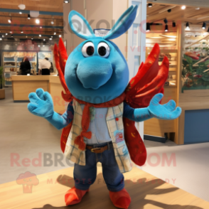 Turquoise Lobster mascot costume character dressed with a Chambray Shirt and Shawls