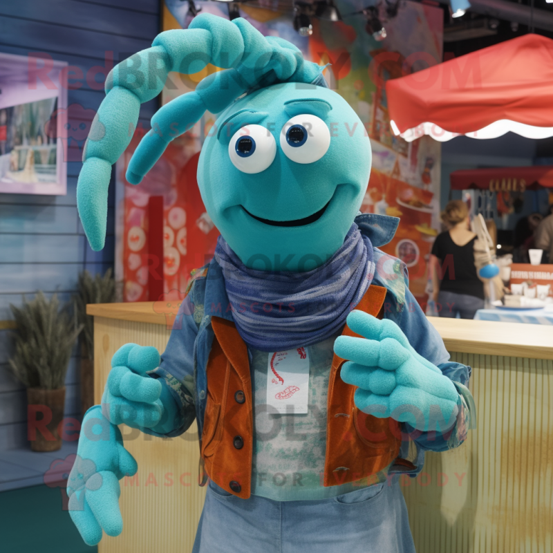 Turquoise Lobster mascot costume character dressed with a Chambray Shirt and Shawls