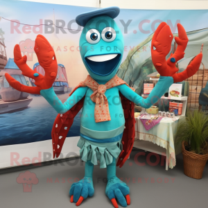 Turquoise Lobster mascot costume character dressed with a Chambray Shirt and Shawls