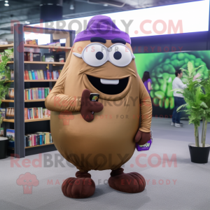 Brown Eggplant mascot costume character dressed with a Cargo Pants and Reading glasses