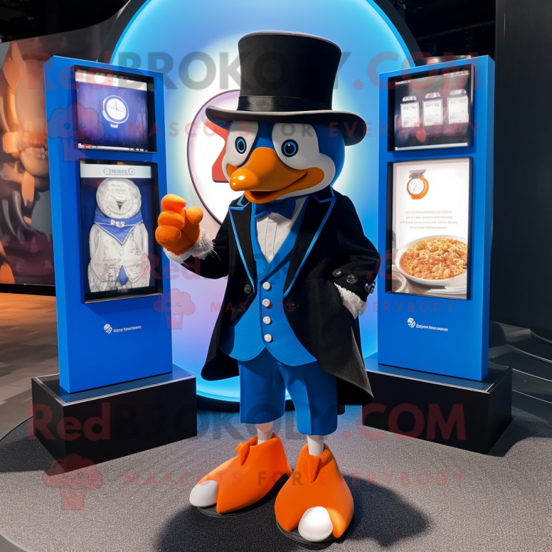 Blue Orange mascot costume character dressed with a Tuxedo and Smartwatches