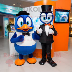 Blue Orange mascot costume character dressed with a Tuxedo and Smartwatches