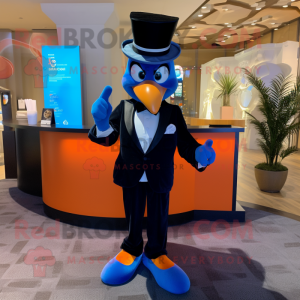 Blue Orange mascot costume character dressed with a Tuxedo and Smartwatches