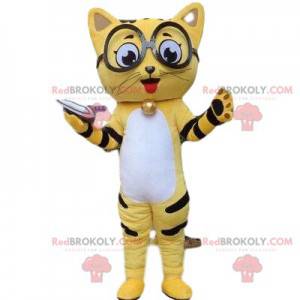 Mascote gato amarelo, fantasia de gato, disfarce de felino -