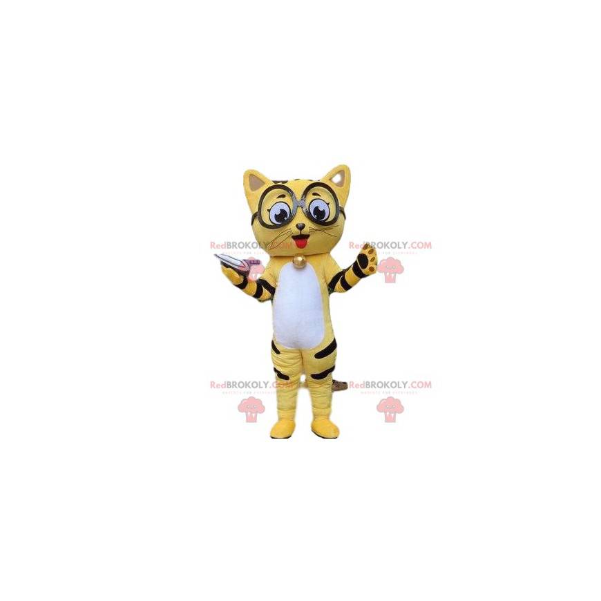 Mascotte de chat jaune, costume de chat, déguisement de félin -