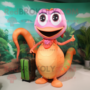 Peach Snake mascot costume character dressed with a Bikini and Backpacks