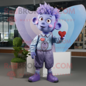 Purple Cupid mascot costume character dressed with a Chambray Shirt and Lapel pins