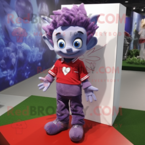 Purple Cupid mascot costume character dressed with a Chambray Shirt and Lapel pins