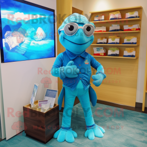 Blue Sea Turtle mascot costume character dressed with a Swimwear and Pocket squares