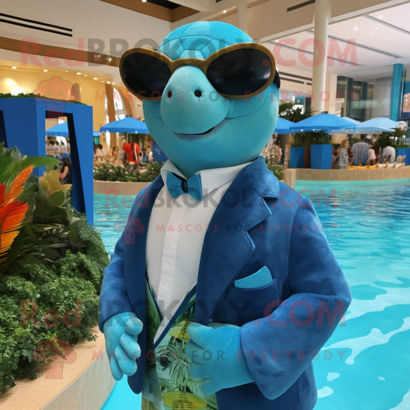 Blue Sea Turtle mascot costume character dressed with a Swimwear and Pocket squares Blue Sea Turtle mascot costume character dressed with a Swimwear and Pocket squares