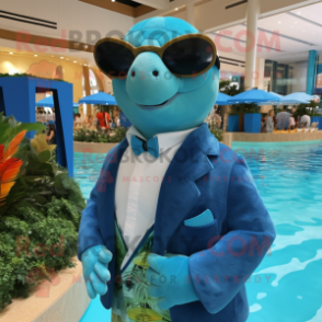 Blue Sea Turtle mascot costume character dressed with a Swimwear and Pocket squares