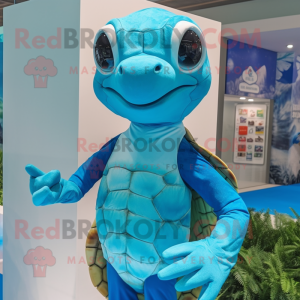 Blue Sea Turtle mascot costume character dressed with a Swimwear and Pocket squares