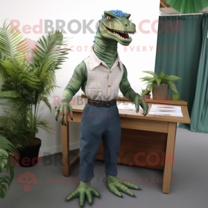 Green Spinosaurus mascot costume character dressed with a Chambray Shirt and Ties