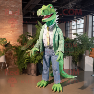 Green Spinosaurus mascot costume character dressed with a Chambray Shirt and Ties