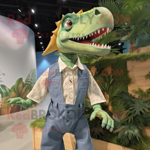 Green Spinosaurus mascot costume character dressed with a Chambray Shirt and Ties