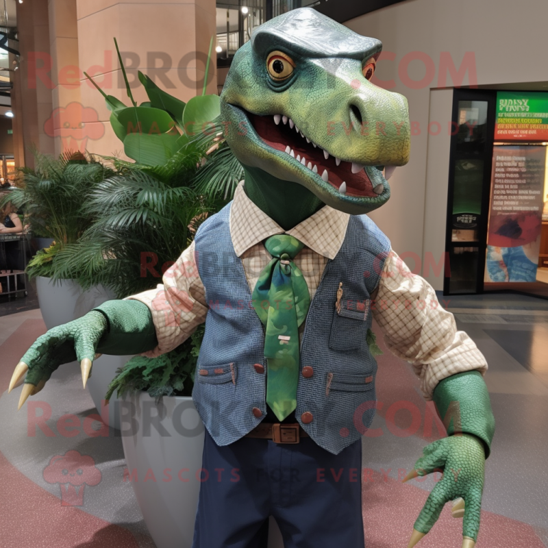 Green Spinosaurus mascot costume character dressed with a Chambray Shirt and Ties